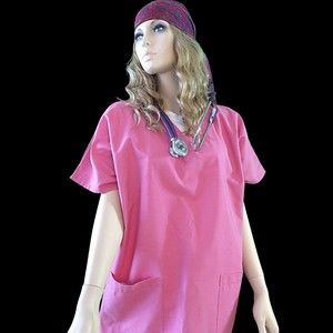 Top Line Womens V-Neck 2 Pocket Bubble Gum Pink Medical Scrub Uniform Top XL